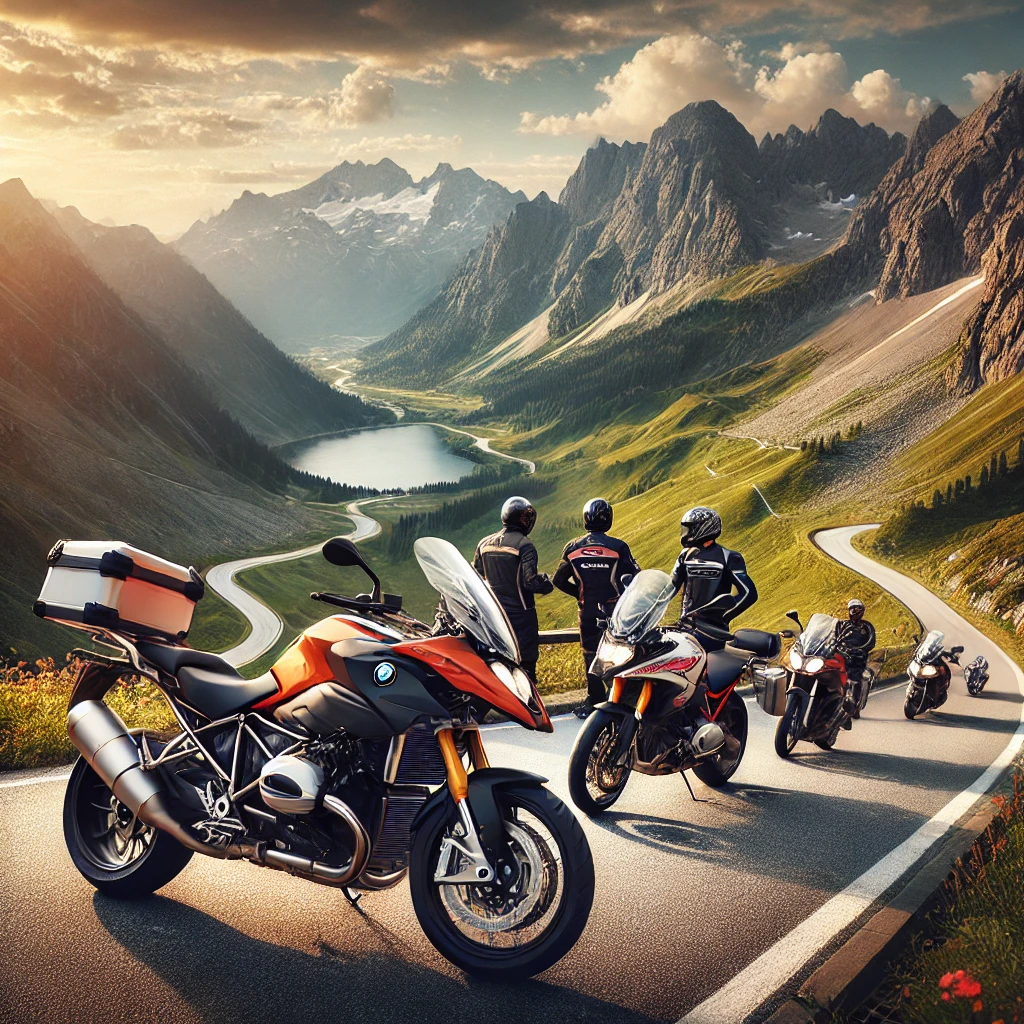Motos de alta gama como BMW y KTM en una serpenteante carretera de montaña, rodeadas de una naturaleza impresionante. La imagen transmite libertad y aventura en viajes en moto por Europa, incluidos los Alpes y Escandinavia.